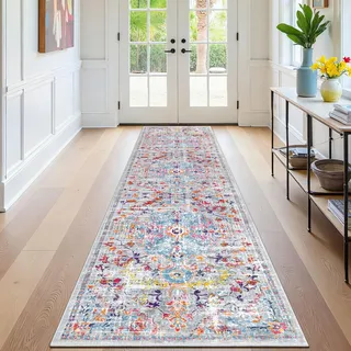 SHACOS Langer Läufer Flur 60x300 cm Teppich läufer Boho Teppichläufer rutschfest Küchenteppich Waschbar Flurteppich Lang Kurzflor Teppich Flur Läufer für Küche, Wohnzimmer, Eingang, Bunt