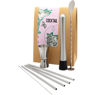Cocktailzubehör-Set aus Edelstahl mit Messbecher (2 & 4 cl) und Cocktailstößel für Caïpirinha & Mojito
