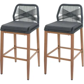 Mendler 2er-Set Rope-Barhocker HWC-O21, Outdoor Sitzpolster Seilgeflecht Metall Holz-Optik ~ anthrazit, Kissen dunkelgrau