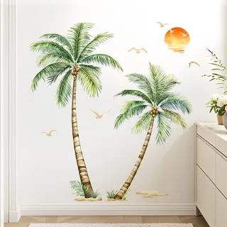 Tanlaby XL Wandtattoo Palme Baum Groß Wandaufkleber Grüner Blätter Tropischer Pflanzen Boho Wandsticker Sonnenuntergang Strandmotiv Wanddeko für Wohnzimmer Schlafzimmer Büro