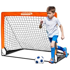 BAYINBULAK Faltbar Fußballtore mit Glasfaserstangen für Kinder, hochwertigen Tornetzen für Indoor, Outdoor & Garten (4'x3', Orange)