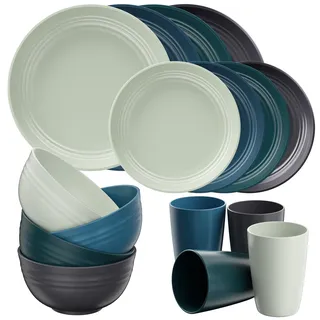 Quatish Kunststoff Geschirrset aus PP, Unzerbrechliches Camping Geschirr Set für 4 Personen, 16PCS Wiederverwendbare Tafel-Set für Kinder und Erwachsene, Geschirrspüler Mikrowelle Sicher, Grün