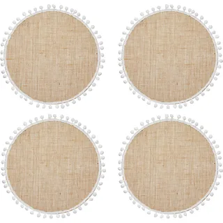 KitchenCraft Natural Elements 4-er Set Jute- Tischsets, 4 runde Jute-Tischsets, mit Bommel-Dekorationen, 38cm
