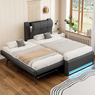 Polsterbett 90x200 cm Grau mit LED-Beleuchtung, höhenverstellbares Ausziehbett & Stauraum-Kopfteil, stabiles Funktionsbett aus Leinen, platzsparendes Gästebett - Grau