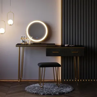 Vicco Schminktisch Zoey Schwarz, 120 cm mit LED Spiegel und Hocker