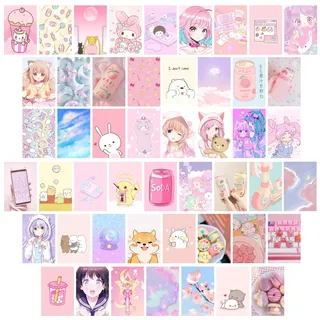l1rabe 50 Stück Kawai Anime Ästhetisches Bild Wand Collage Kit, rosa Cartoon zusammengebautes Druckkarten-Set, Schulanfang, Wohnheim, Foto-Poster, Display, trendiger Stil, Mädchen, Geschenke