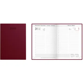 IDENA 12035 - Buchkalender DIN A5 2026, 1 Tag auf 1 Seite, Sa/So auf 1 Seite, Terminplaner mit wattiertem Hardcover-Einband in Burgund