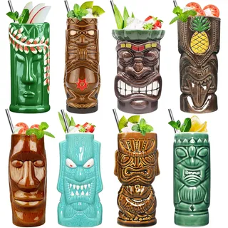Tiki Mugs Set von 8 - tiki gläser Keramik Hawaii Party Becher Trinkgeschirr Tiki Bar Becher für Cocktails Premium Tropische Tassen Getränke Tiki-Tassen-Set für exotische Party