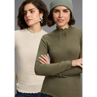 Longsleeve LAURA SCOTT, Damen, Gr. 36/38, grün (sand, oliv), Rippware, Obermaterial: 95% Viskose, 5% Elasthan, clean, unifarben, Basic, figurbetont hüftbedeckend, Shirts Longsleeve, gerippt mit Rüschen