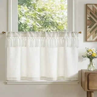 TOPICK Scheibengardinen Küche Beige Spitzenborte Leinen Bistrogardine mit Tunnelzug Volant für Wohnwagen kinderzimmer Landhausstil Shabby Chic Gardinen Kurz Lichtdurchlässig 1er Set 90Bx60H cm Weiß