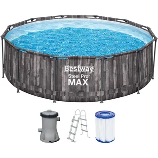 Bestway Steel Pro MAX Frame Pool-Set mit Filterpumpe Ø 366 x 100 cm, Holz-Optik (Mooreiche), rund