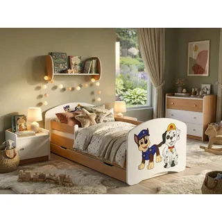 Happy Babies Kinderbett mit Rausfallschutz Junge 140x70 Bett für Kinderzimmer mit Schublade Matratze Einzelbett für Kinder Blau Hundemotiv - Blau