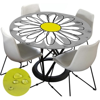 Tischdecke Abwaschbar Rund 70cm, Elastisch Lotuseffekt Tischdecke Outdoor 3D-Druck Weiß Tischdecken Daisy Table Cloth für Garten Restaurant, Ideal für 50cm-60cm