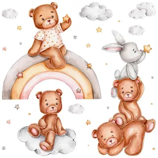 Wallfluent Wandaufkleber 100x145cm - Teddybären und ein Kaninchen auf einem Regenbogen , Multicolor , Kunststoff , Rechteckig , 100x145x0.1 cm , Tapeten & Wandverkleidungen, Wandtattoos & Sticker, Wandtattoos