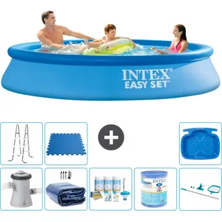 Intex runder aufblasbarer Easy Set-Schwimmpool – 305 x 61 cm – Blau – inklusive Pumpe Sonnensegel - Wartungspaket - Filter - Reinigungskit - Leiter - Fußbad