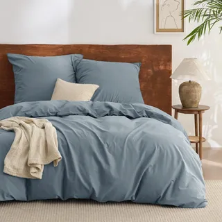 BEDSURE Bettwäsche 155x220 Baumwolle 3teilig - Sommer Bettwäsche-Sets Graublau Bettbezug mit 2 Kissenbezüge 80x80 cm, Ähnliche Textur wie Washed Leinen, Oeko-TEX Bedding Blau mit Reißverschluss