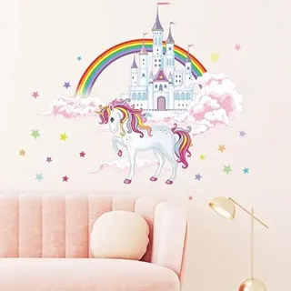 COVPAW® Wandtattoo Wandaufkleber Einhorn Prinzessin Schloss Regenbogen Wandsticker Wandbild Bilder Wohnzimmer Schlafzimmer Deco Kind Jungen Kinderzimmer Babyzimmer