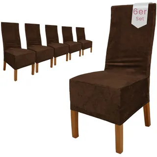 Scheffler Home Stuhlhussen Samt Braun 6er Set Puma – Elastische Stuhlbezüge für Hochlehner und Polsterstühle – Waschbar und formstabil
