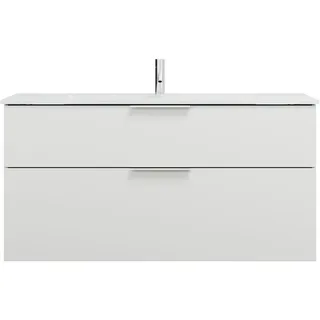 burgbad Eqio Glas-Waschtisch inklusive Waschtischunterschrank, Breite 1220mm, SEYX122F2009A0070G0146, Farbe: Weiß Hochglanz / Weiß Hochglanz, Griff Chrom G0146