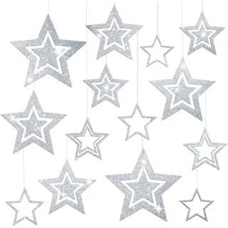 Glitzer Sterne zum Aufhängen Silber,14 Stk Weihnachtsdeko Stern zum Aufhängen,Weihnachtssterne Deko,Weihnachtsanhänger Deko Sterne Weihnachten für Weihnachtsbaum,Deckenhänger,Neujahr Winter Dekoration