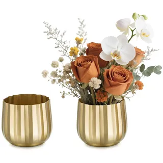 NUPTIO Gold Vase Blumenvase für Hochzeit: 2 Stück 10cm Metall Gerippt Vasen für Geburtstag Herzstücke Tischdeko - Kleine Blumentopf Pflanzentopf für Innen Wohnzimmer Fensterdeko