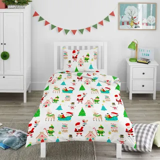 Bloomsbury Mill - Weihnachts Bettwäsche - Weihnachten Bettbezug für Kinder - Bettwäscheset Winter - Festlicher Weihnachtsspaß - Bettbezug 120cm x 150cm und Kissenbezug für Kleinkinder/Babybetten