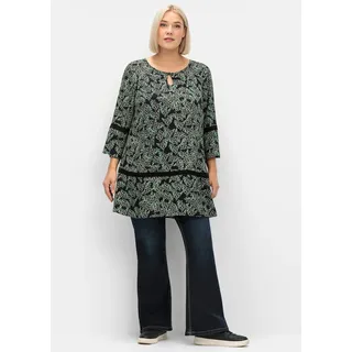 Longbluse SHEEGO, Damen, Gr. 44, schwarz (schwarz, grün), 100% Viskose, geblümt, gemustert, Rundhals, Blusen Longbluse
