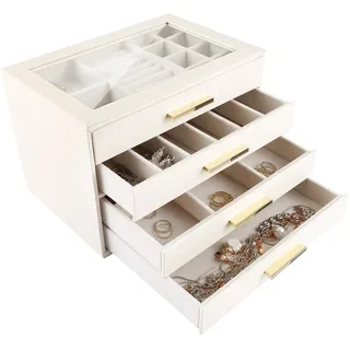 STARVAST Schmuckkästchen Groß, Schmuckkasten mit 4 Ebenen, Schmuck Organizer mit Glasdeckel, 4 Schubladen,für Halsketten, Ohrringe, Uhren, Armbänder, Schmuckaufbewahrung, Modern, Cinderella Plus, Weiß