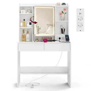 VASAGLE Kailyn Collection – Schminktisch mit LED-Spiegel, 3 Farben, Helligkeit verstellbar, Mehrfachsteckdose, Schminktisch, groß, verstellbar, 2 Schubladen, modern, Weiß RDT143WB01