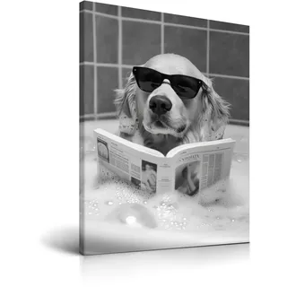 HesenDot Hund in Badewanne Wandbild mit Rahmen, 30x40cm Golden Retriever Dog Leinwandbild, Schwarz-Weiß Humorvolle Badezimmer Wanddeko für Bad Kinderzimmer Gäste-WC