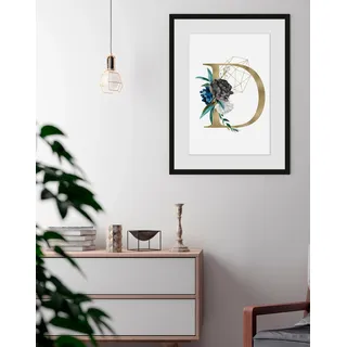 queence Bild »D« Buchstaben   D   Pflanzen   Pflanzenbilder 1 Stk. tlg. HD Premium Poster-Druck inkl. Holzrahmen, goldfarben