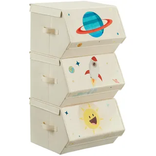 SONGMICS Aufbewahrungsbox Kinder, 3er Set, Faltboxen, Spielzeugkiste mit Deckel, 38 x 35 x 25 cm, für Kinderzimmer, Spielzeugzimmer, Weltraummotive, beige RLB700M01