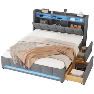 Flieks Polsterbett 140x200cm Grau APP-Fernbedienung LED Schubladen USB Steckdose , Holz , 140x200 cm , Schlafzimmer, Betten, Polsterbetten