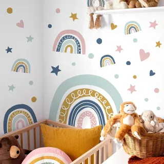 WandSticker4U®- Wandtattoo REGENBOGEN Pastell Rosa/Blau I Wandbilder: 100x90 cm I Baby Wandsticker Kinderzimmer Rainbow Herzchen Sterne I Wand Aufkleber Mädchenzimmer Deko