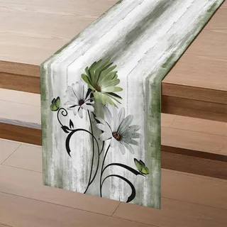 Tischläufer Moderne Blumen in Grün Olivgrün, Tischläufer Frühling Weiße Gänseblümchen Schwarze Blätter Schmetterling Table Runner Dekoration für Drinnen Urlaub Party Dekor 40x180 cm
