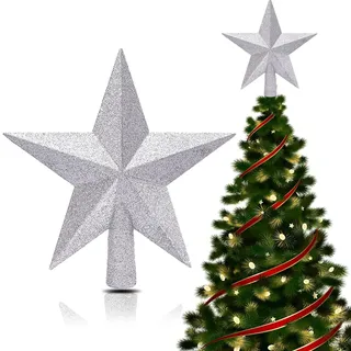 Weihnachtsbaumspitze Silber(20cm) – Christbaumspitze Stern Bruchsicher & Leicht (20g) – Glitzernde Baumspitze Weihnachten für Tannenbaum, Dekoration Spitze Weihnachtsbaum Klassisch