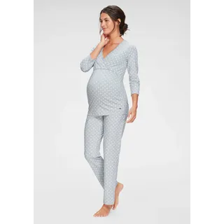Umstandspyjama LASCANA, Damen, Gr. 44/46, grau (grau, weiß, gepunktet), Obermaterial: 95% Baumwolle, 5% Elasthan, gepunktet, Basic schmal, V-Ausschnitt, Homewear-Sets Umstandspyjama, in Wickeloptik mit Pünktchenmuster