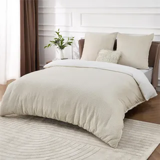 BEDSURE Flauschige Bettwäsche 155x220 Beige - Winter Bettbezug Fleece mit 2 Kissenbezüge 80x80 cm, Warme Bettwäsche-Sets mit Reißverschluss, Waffelpique Winterbettwäsche für Doppelbett