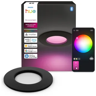 Philips Hue Slim Downlight, Smarte LED-Beleuchtung, 1.000 lm, 90 mm, Schlankes Design, Vollspektrum-Tagesl. 1.000–20.000 K, Extrem Stufenlos Dimmbar, Präzise Farbe, Smart Lighting, Schwarz, 1er-Pack