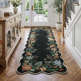 Beauoop Teppich Läufer Flur 60x180 cm Schwarz Waschbar Blumen Wellenrand | Vintage Kurzflor Weich Rutschfest Küchenteppich Bettvorleger Schlafzimmer Wohnzimmer Eingangsbereich Landhausstil Kitchen Rug