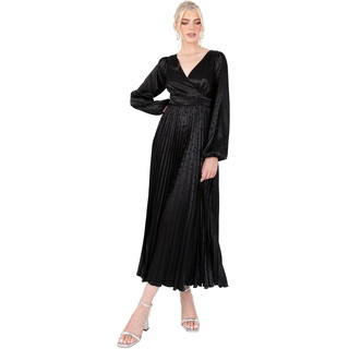 Lovedrobe Women's Midaxi Dress Ladies Pleated Satin V-Neck Long Bishop Sleeve Empire A-line for Evening Occasion Party Prom Ball Kleid, Black, 48