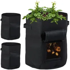 Bild Pflanzsack 3er Set, Kartoffelsack mit Sichtfenster, Pflanzkübel, HD: 40 x 35 cm, Stofftopf Vliesstoff, schwarz