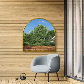 MirrorOutlet The Arcus Garten-Wandspiegel, goldgerahmt, modern, volle Länge, gewölbt, 100 cm x 100 cm, silbernes Spiegelglas mit schwarzer Rückseite für jedes Wetter.