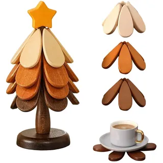 Topfuntersetzer Holz Weihnachtsbaum, 4 in 1 Tannenbaum Untersetzer Holz, 19 cm Topfuntersetzer Hitzebeständig mit Sterne oder Äpfel für heiße Töpfe, Pfannen, Schüssel, Pfannenschoner (Sterne)