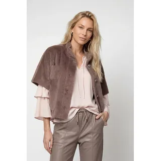 Fellimitatjacke MONARI "Jacke Cape fake fur", Damen, Gr. 38, braun (taupe), Web, Obermaterial: 100% Polyester, unifarben, regular fit taillenbedeckt, Rundhals, angeschnitten gerader Abschluss, Jacken Fellimitatjacke, Regular fit mit Stehkragen