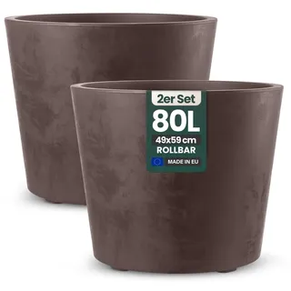 Kreher Pflanzkübel Millennium Naturstein-Optik (Braun, 2 x 80 L Rund) | Aus robustem Kunststoff im XL-Format, wetterfest und standfest für Garten, Terrasse und Balkon, pflegeleicht
