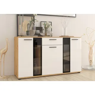 FURNIX Sideboard SARAI mit Schublade, Glastüren und LED Beleuchtung 3-türig Anrichte Kommode fürs Esszimmer modern 140 cm Eiche Artisan-Weiß - Weiß, Braun