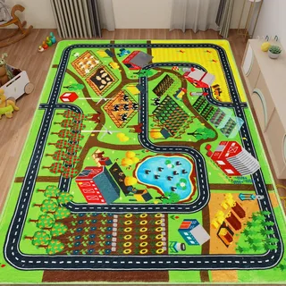 AKUNRUG Kinderteppich,200×150 cm Autoteppich für Spielzeugautos, Bauernhofleben, Straßenverkehr für Spielzimmer, Kinderauto-Straßenteppich, Dorfkarte, Spielmatte Spielteppich für Kleinkinder