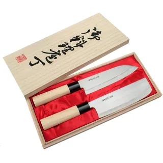 Satake Megumi Santoku- und Nakiri-Stahl-Kochmesser-Set, 2-tlg. - Beige, Silber
