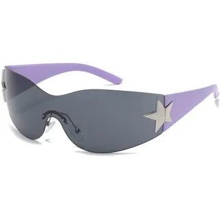 Long Keeper Trend Y2k Wrap Around Sonnenbrille für Damen Herren, Vintage Randlose Sonnenbrille Damen Groß mit Stern UV Schutz Mode Retro Rave Brille